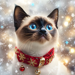 A festive cat with blue eyes wearing a red collar, surrounded by snowflakes and holiday lights in winter wonderland