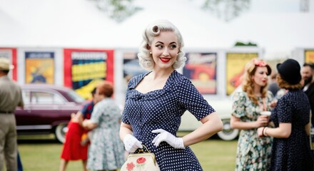 Vintage fashion at outdoor retro festival featuring classic cars and 1950s style