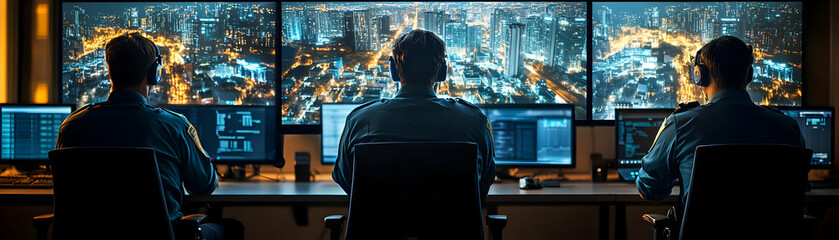 Police officers using cyber tools for city surveillance with copy space concept as A candid shot of police officers utilizing cyber tools for city surveillance in a control room symbolizing law enforc