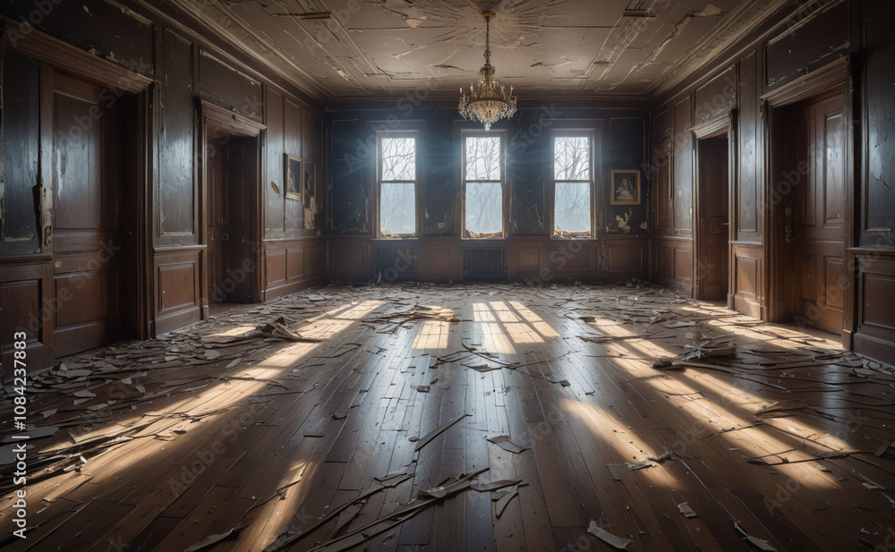 Poster large room with a chandelier and three windows. the room is empty and has a lot of debris on the flo