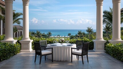 Obraz premium Elegant outdoor dining setup with a stunning ocean view, featuring a round table and four chairs on a beautiful terrace surrounded by lush greenery and pillars.