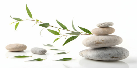 Floating zen stones with levitating eucalyptus sprigs isolated on white background. concept as Harmonious floating zen stones paired with levitating eucalyptus sprigs symbolizing balance and natural w