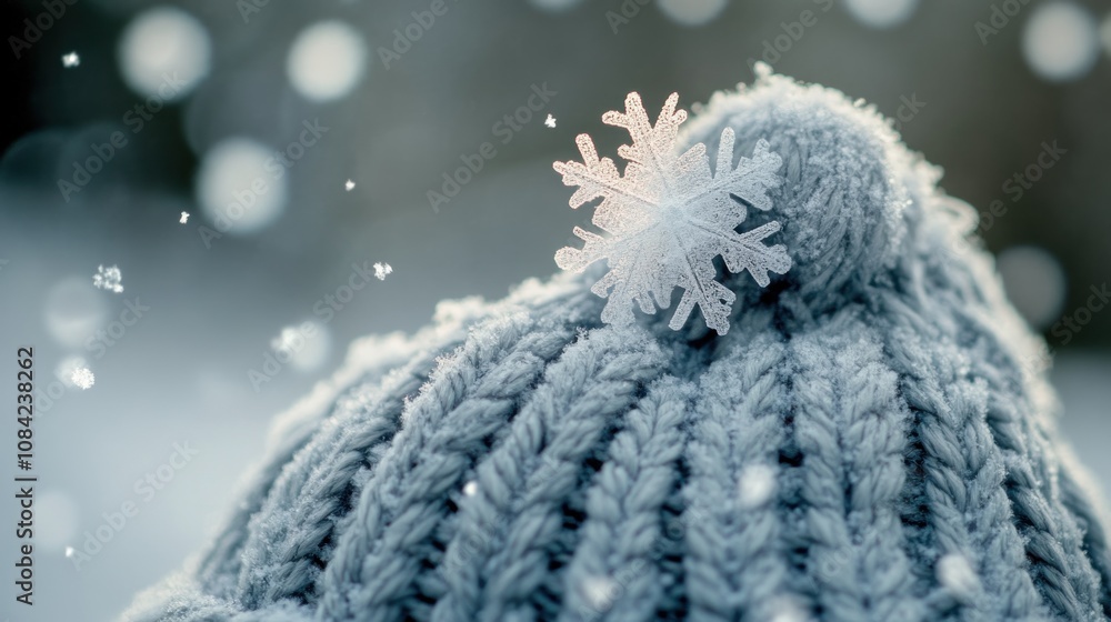 Poster a delicate snowflake adorned on a snowy knit hat