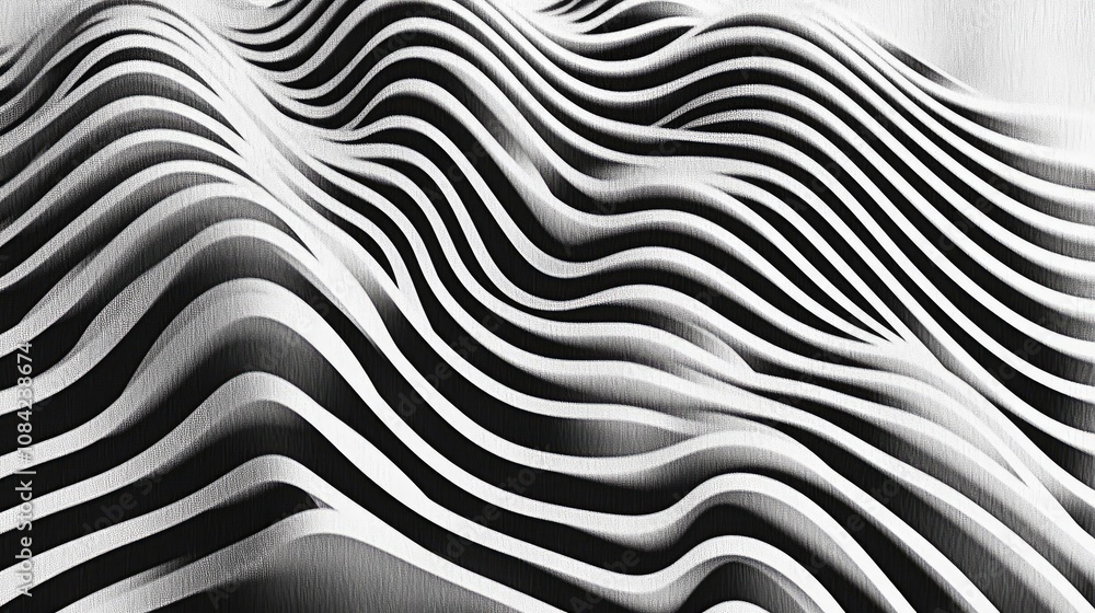 Poster simple monochromatic line patterns in wavy motion, creating a calm and rhythmic effect.