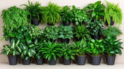 A vibrant display of various houseplants in black pots, arranged on a wall, This image can be used for home decor, gardening articles, or eco-friendly content promoting indoor plants,