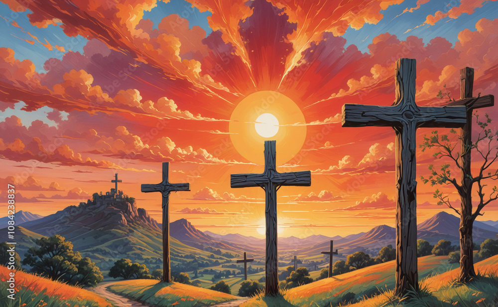 Poster three crosses are shown in a field with a sunset in the background. the sun is in the middle of the 