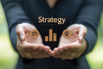 A consultant is demonstrating virtual icons that represent strategy while standing outdoors. The focus is on their hands and digital representations of growth and planning.