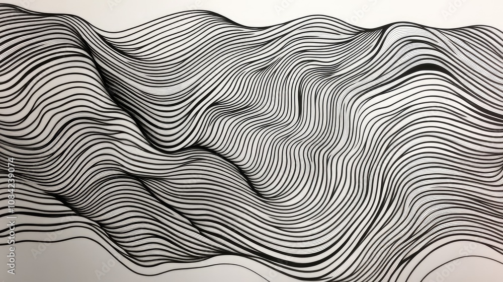 Poster simple monochromatic line patterns in wavy motion, creating a calm and rhythmic effect.
