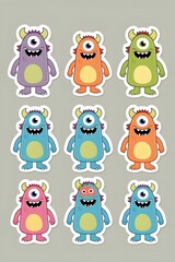 Fototapeta premium Adorable Collection of Nine Playful Cartoon Monsters: A Delightful Set of Colorful and Cheerful Monster Stickers, Perfect for Kids' Crafts, Party Decorations, or Scrapbooking Projects