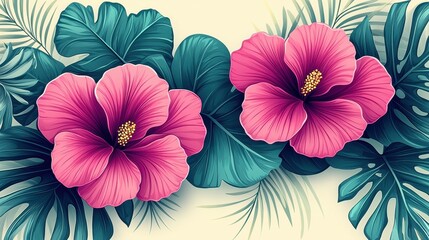 Obraz premium Vibrant Pink Hibiscus Flowers Surrounded by Lush Green Tropical Leaves on a Soft Background for Natural Beauty and Floral Designs