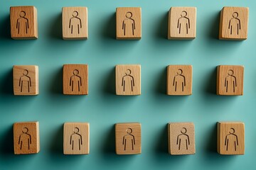 Fototapeta premium Minimalist Wood Block People Arrangement on Blue Background