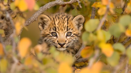 Obraz premium A young leopard cub peeks curiously through autumn foliage, showcasing its striking eyes and distinctive spots, This image is ideal for wildlife conservation campaigns or educational materials,