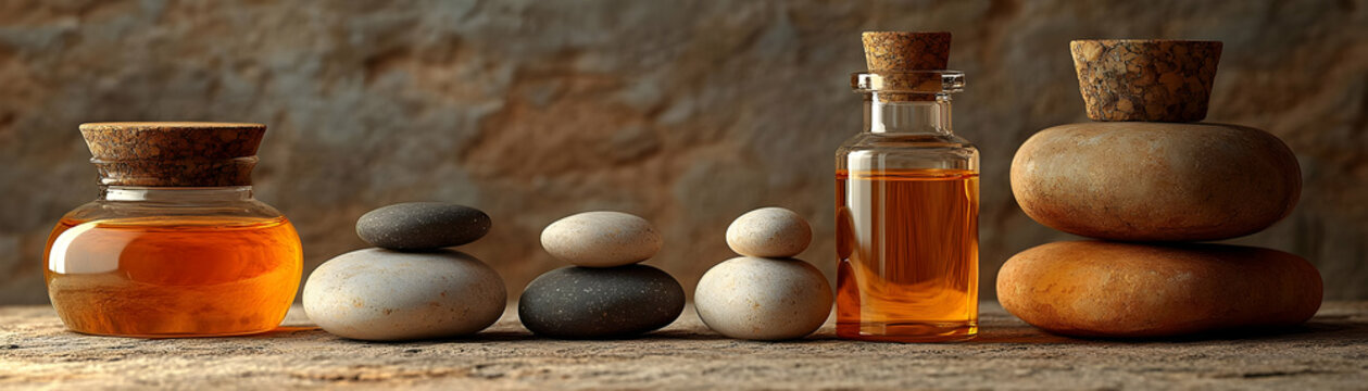 Plain background with massage oils and stones arranged neatly copy space above. concept as Clean plain background showcasing massage oils and smooth stones arranged neatly representing therapy and rej