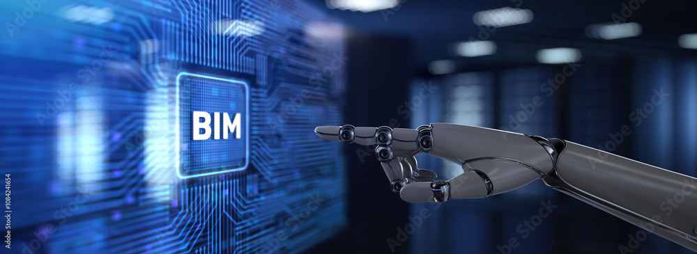 Poster bim building information modeling illustrated with a robot hand pressing a button on a virtual scree