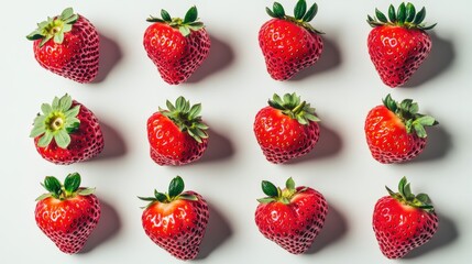 Twelve Red Ripe Strawberries in a Pattern on a White Surface