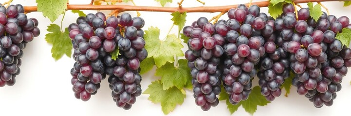 Fototapeta premium Fresh ripe purple grapes hanging on a vine against a clean white background, plant, natural, vine