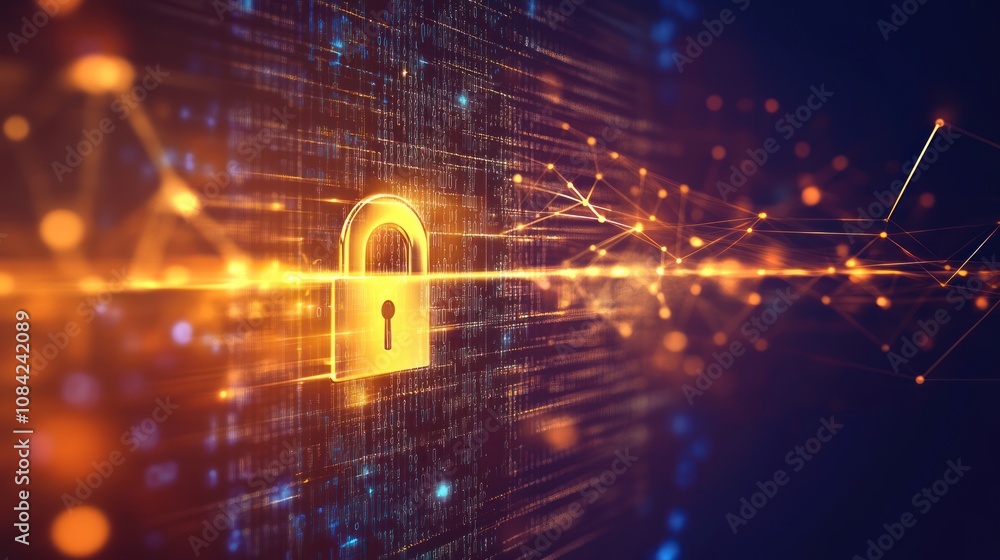 Poster here's a description and keywords for the image.. glowing padlock secures digital data stream.