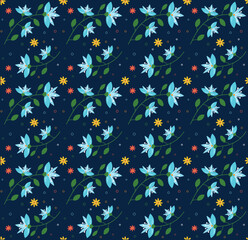 Light spring botanical floral pattern of blue flowers and green leaves on a dark background 