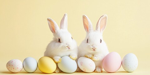 Fototapeta premium Two white rabbits are standing next to each other and holding eggs. There are a total of nine eggs in the scene, with some of them being yellow and some being white