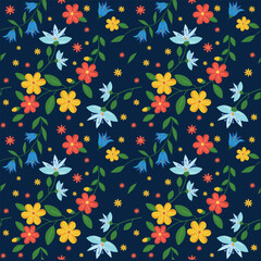 Whisper of summer meadow: Abstract floral pattern, vector blue, red, yellow flowers on dark background