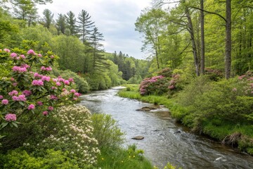 Obraz premium Freshwater river surrounded by lush greenery of spring forest with blooming flowers and vibrant foliage, trees, flora, river