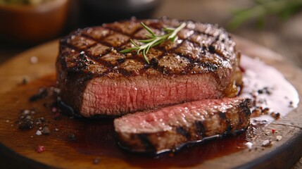 Close-up view of a succulent grilled ribeye fillet mignon steak, sliced and arranged to highlight its juicy, tender texture.