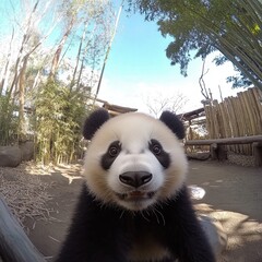 Fototapeta premium The adorable panda sits calmly in a serene environment filled with lush bamboo. It appears inquisitive as it gazes at its surroundings, showcasing its charming personality.