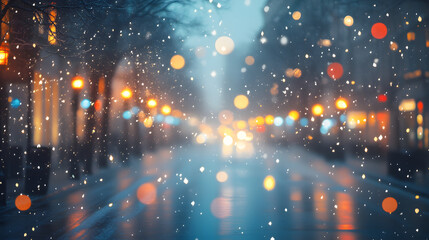Blurred Winter Background of Snowy City Street at Twilight with Holiday Lights.