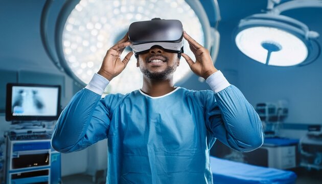 A doctor or a health professional wearing a virtual reality goggle in the operation room; high tech medical equipment; advanced medical procedure using the latest technology; cutting edge technology