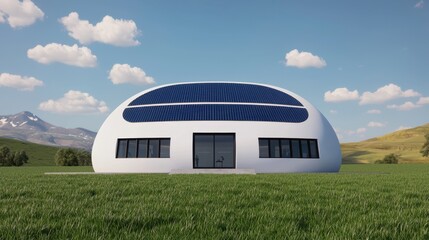 Fototapeta premium Modern Sustainable Home with Solar Panels in a Green Landscape, Futuristic Architectural Design Surrounded by Nature, Eco-Friendly Living Space