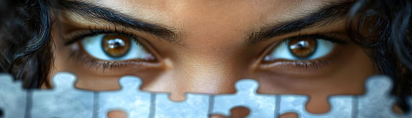Naklejka premium Portrait macro of individual team member holding a puzzle piece representing their role in team building copy space on left. concept as Portrait macro of an individual team member holding a puzzle pie