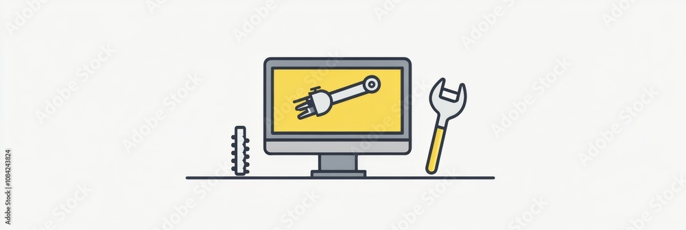 Aufkleber A computer monitor shows a robotic arm graphic while nearby, a screwdriver and wrench rest on the workbench during a technical repair task. Generative AI