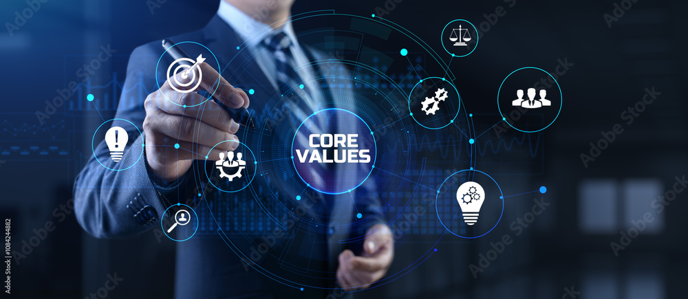 Poster core values responsibility innovation. businessman pressing button on screen.