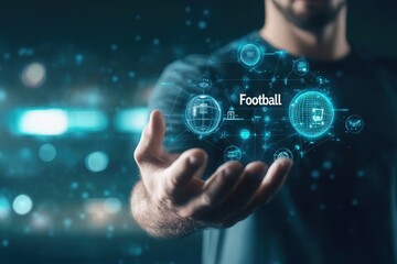 A football player is engaging with floating virtual icons that represent various aspects of the sport. The digital display suggests a blend of technology and athleticism in action.