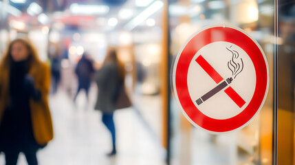No smoking sign on transparent wall blurred people on background .