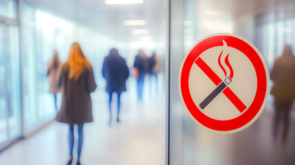 No smoking sign on transparent wall blurred people on background .