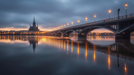 Fototapeta premium Evening Scene of Pont de Pierre Bridge and St Michel Cathedral Reflection