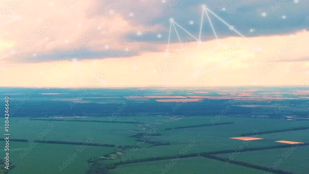 Poster a glowing network grid in a high-tech style over a serene evening landscape with warm colors.