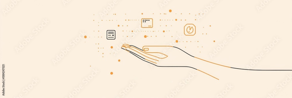 Aufkleber A hand extends towards a computer screen showing icons related to settings and security for effective digital management tasks. Generative AI