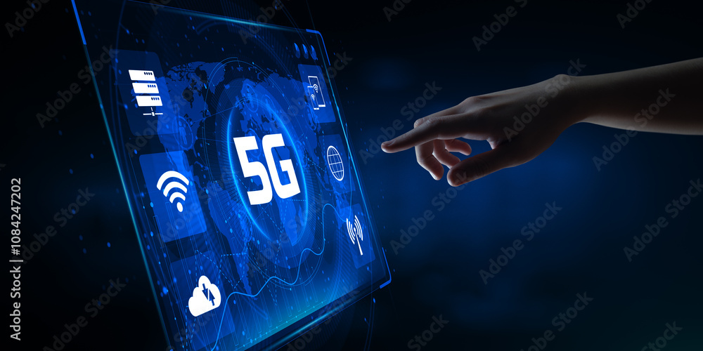 Poster 5g fifth generation high-speed wireless internet connection telecommunication concept. hand pressing