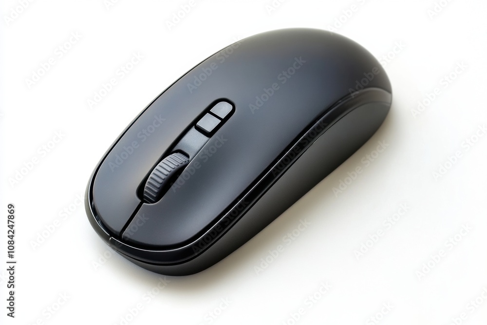 Poster this black computer mouse is centrally placed on a clean white background, showcasing its sleek and 