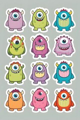 Obraz premium A Delightful Collection of Twelve One-Eyed Cartoon Monsters: Vibrant Colors and Playful Designs for Kids