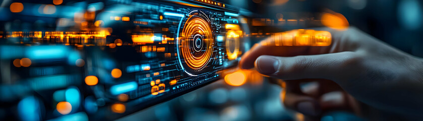 Obraz premium Macro shot of technicians hand adjusting AR glasses with copy space concept as A close up image shows a technician adjusting augmented reality glasses highlighting wearable technologys impact on manuf