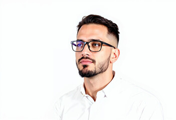 Obraz premium Young Man with Glasses Looking Up Against Bright White Background