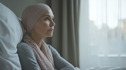 Woman wearing a headscarf sitting on a hospital bed, looking out the window with a calm expression, soft natural lighting, symbolizing resilience and hope in the face of cancer