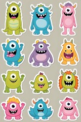 Obraz premium A Colorful Collection of Twelve Adorable One-Eyed Cartoon Monsters: Playful Illustrations Featuring Unique Designs and Vibrant Hues, Perfect for Kids' Stickers, Prints, or Digital Designs.