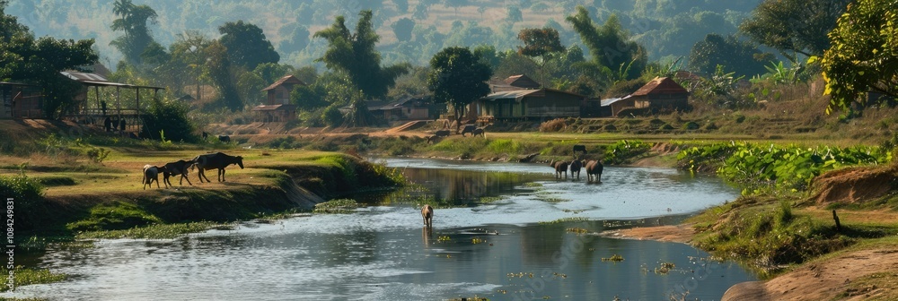 Poster a village scene where animals are crossing paths and interacting with each other near a peaceful riv