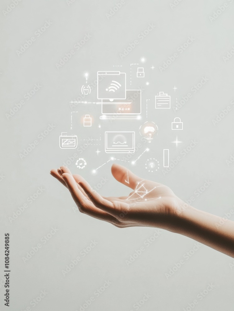Aufkleber A hand extends towards a computer featuring various icons related to settings and security, representing digital management and safety. Generative AI