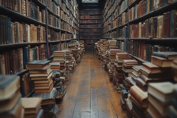 Obraz premium charming old library filled with countless books on shelves, bathed in warm light, evoking a sense of nostalgia and a love for literature within a cozy atmosphere