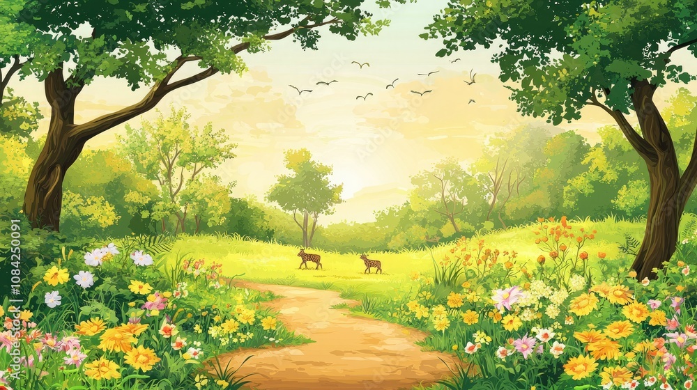 Poster a serene landscape with animals crossing a trail through the forest, with trees and flowers surround